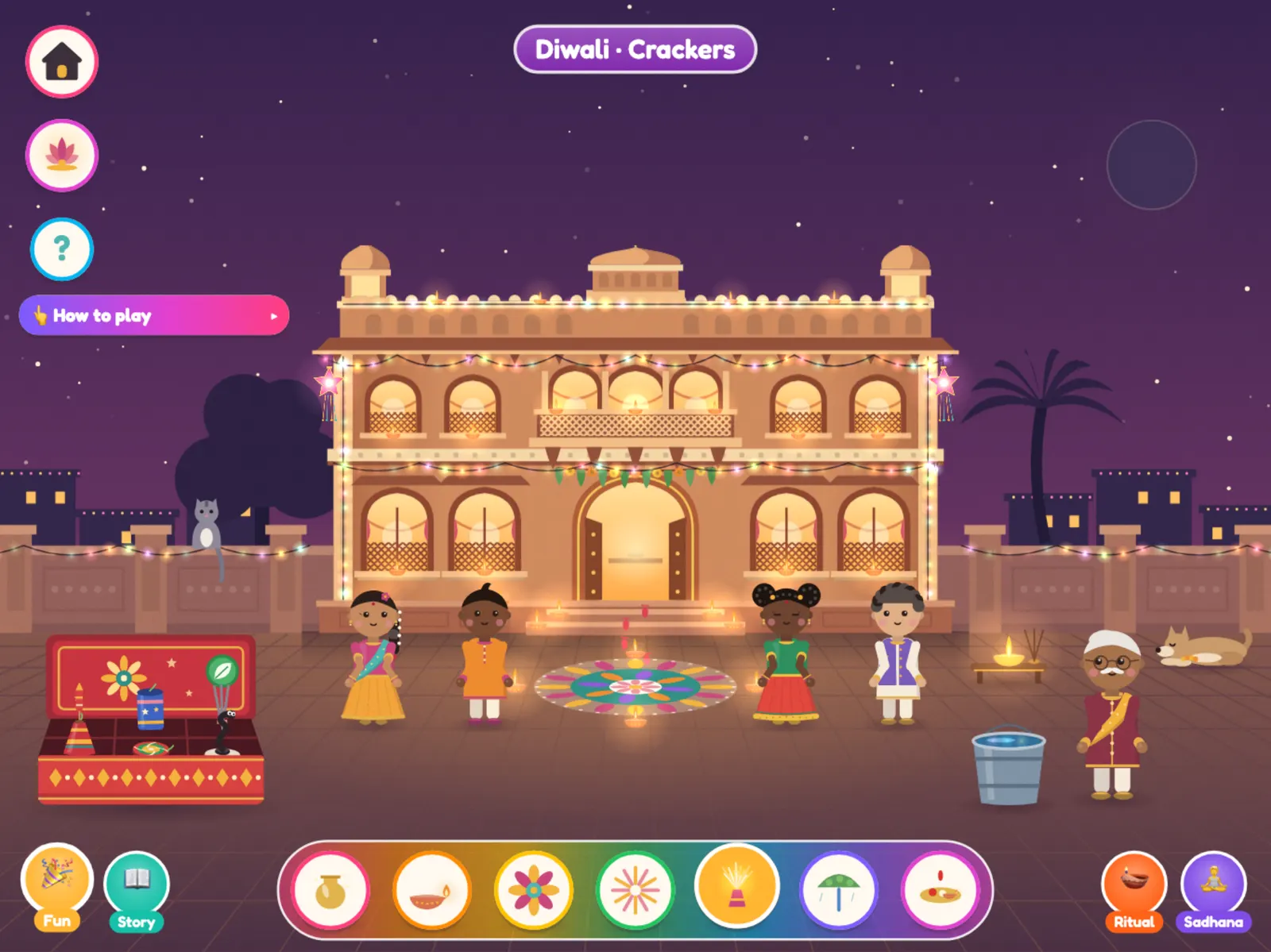 Diwali crackers in front of a lit haveli